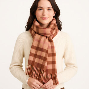 J.Crew Womens Scarf Pink Brown Plaid Fringe Winter Cabincore Nostalgic Cozy Fall